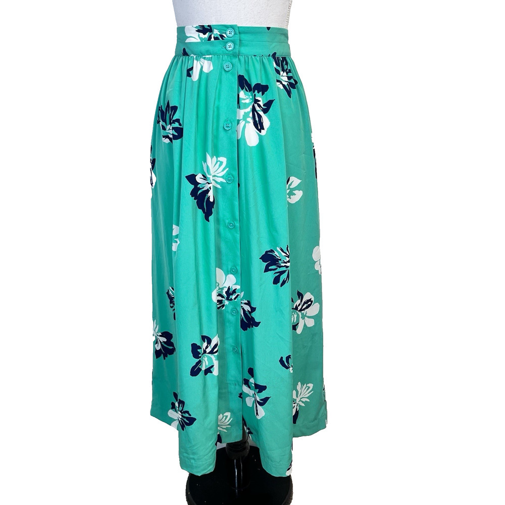 Banana Republic Skirt sz 2 Green Blue Tropical Long Hawaii Pockets Button Front